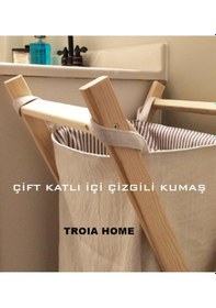 Resim meditroia Ahşap Kirli Çamaşır Sepeti 2 Kat Dış Ekru Iç Çizgili Krem 