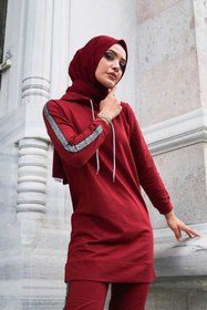 Resim CNG MODA Kadın Kapüşonlu Kol Şeritli Eşofman Takımı 