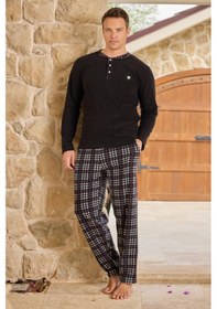 Resim Pijamoni Erkek Düğme Yaka Kışlık Polar Pijama Takımı 6100/17- 1 Adet Siyah 