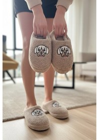 Resim Ft 102 Köpek Nakışlı Kadın Ev Terliği Peluş Terlik Çeyiz Ve Bohça Terliği Ses Yapmaz Kalın Taban Camel 