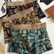Resim 3 adet Erkekler için Boxer Çorap - Retro Geometrik Baskı, Yüksek Esneklik, Nefes Alabilen Polyester Karışımı, Bej ve Koyu Yeşil ile Kahverengi Detaylar, Günlük Giyim ve Tatil için Mükemmel, Tatil İç Çamaşırı | Etnik Tarz Boxer | Esnek Kumaş 