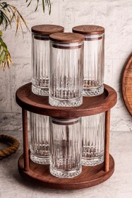 Resim Tomira - 7 Parça Ahşap Döner Standlı Vakumlu Kapaklı Cam Saklama Kabı Baharatlık Seti 450 Ml Ahşap 