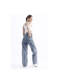 Resim 2424 Kadın Yıldız Detaylı Baggy Jeans Kot Denim Pantolon Kar Yıkama 