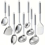 Resim 9 Parça Modern Paslanmaz Çelik Mutfak Alet Seti - Bulaşık Makinesinde Yıkanabilir, Kolay Saklama, Ev Aşçıları & Yemek Tutkunları İçin İdeal | Spatulalar, Kaşıklar, Kepçeler, Delikli Döner | Kızartma & Pişirme İçin Mükemmel, Kızartma Araçları|Şık Mutfak Araçları|Dayanıklı Tencere, Mutfak Aletleri 