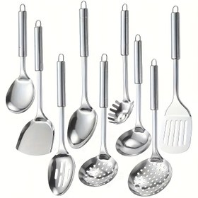 Resim 9 Parça Modern Paslanmaz Çelik Mutfak Alet Seti - Bulaşık Makinesinde Yıkanabilir, Kolay Saklama, Ev Aşçıları & Yemek Tutkunları İçin İdeal | Spatulalar, Kaşıklar, Kepçeler, Delikli Döner | Kızartma & Pişirme İçin Mükemmel, Kızartma Araçları|Şık Mutfak Araçları|Dayanıklı Tencere, Mutfak Aletleri 