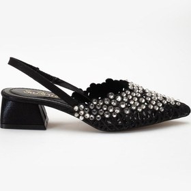 Resim Kadın Kısa Topuklu Abiye Ayakkabı Siyah Örme Taşlı Sivri Kalıp-4087 Siyah 