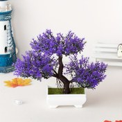 Resim 1 adet Yapay Bonsai Ağacı, 3 Dal Yeşillik, Plastik Ev Dekoru, Düğün, Noel, Şükran Günü, Paskalya, Hanuka için Masaüstü Bitkisi, Güç Gerektirmez, Kap ile 