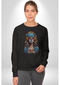 Resim Hippie Cesur Stil Dövmeli Kız Unisex Siyah Baskılı Sweatshirt Siyah 