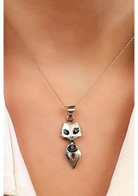 Resim Nazar Boncuklu 925 Ayar Gümüş Kedi Kolye 