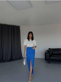 Resim Gabardin Uzun Önden Yırtmaçlı Etek - Saks Saks 