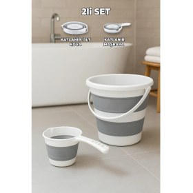 Resim Destpak Akordiyon Yer Kaplamaz 2'li Banyo Seti - Katlanabilen Kova - Katlanır Maşrapa 