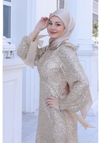 Resim Raika Moda Parıltılı Kol Detaylı Şimal Tesettür Büyük Abiye Gold 