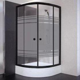 Resim Sırduş 90X90X180 Oval Siyah Profil Komple Kumlu Cam Duş Kabini & 90X90X16 Panelli Duş Teknesi Set 