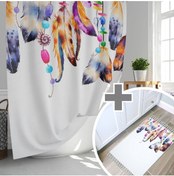 Resim Tropikhome Renkli Tüy Desen Banyo Duş Perdesi-180x200cm Duşakabin Perdesi Ve Paspası, Dream Catcher Paspas Seti 