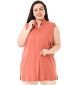 Resim Büyük Beden Yanları Yırtmaçlı Gömlek Yaka Kolsuz Kiremit Gömlek 