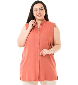 Resim Büyük Beden Yanları Yırtmaçlı Gömlek Yaka Kolsuz Kiremit Gömlek 