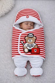 Resim Tomuycuk Yenidoğan Unisex Ayaklı Bebek Kundağı Ve Uyku Tulumu - Ayıcık Nakışlı & Kırmızı Çizgili 