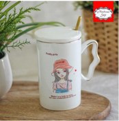 Resim esdekor Giftpoint Porselen Kupa Bardak Mug Hediyelik Ürün Beyaz Kapaklı Gold Metal Kaşıklı Güz 1 Adet 