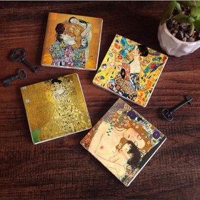 Resim Gustav Klimt Yelpazeli Kadın, Bauer'in Portresi, Aile Kucaklama, Anne Çocuk Taş Bardak Altlığı Seti - 4 Parça - Dekoratif, Rustik Mutfak Aksesuarı, 10x10 cm, Kaydırmaz Tabanlı SC335 
