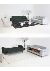 Resim Nola Koltuk Takımı 3+3+1 & Bazalı Yataklı Koltuk & Kanepe - Keten Gri-koyu Yeşil 