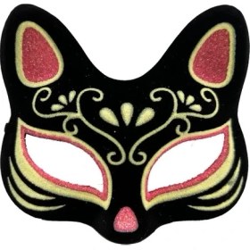 Resim Siyah Süet Kırmızı Sarı Simli Kedi Maskesi 