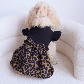 Resim Şık Leopar Desenli Köpek Elbisesi, Fiyonk & Uçuşan Kollu - Esnek Kumaş, Küçük ve Orta Boy Irklar için Her Mevsim Evcil Hayvan Giyimi 