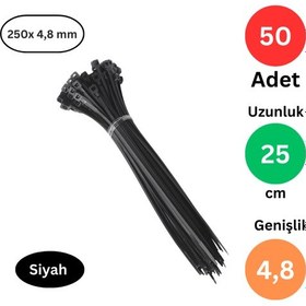 Resim Plastik Kablo Bağı Klipsi Cırt Kelepçe 250 X 4.8 Siyah 50 Adet Siyah 
