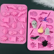 Resim 1 adet, Halloween Silikon Çikolata Kalıbı, 18 Gözlü Kurşunsuz Gıda Dereceli Tabağa Cake Dekorasyonu için Örümcek, Yaras, Kabak, Kafatası Şekilleri 