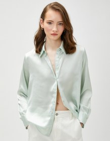 Resim Saten Gömlek Düğmeli Uzun Kollu 