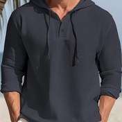 Resim Erkekler için Günlük Düz Renk Kapüşonlu Sweatshirt ve İpli - Hafif Polyester, Uzun Kollu, Önü Düğmeli, Her Mevsim İçin Rahat, Plaja Hazır Stil 