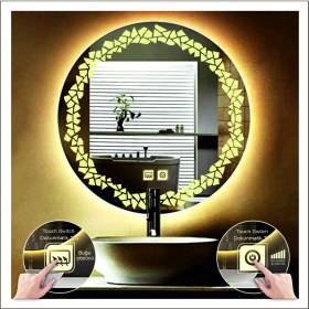 Resim Dnr-Mirror55 Cm Günışığı Ledli Tasarım Kumlamalı Dokunmatik Tuşlu Buğu Önleyicili Banyo Aynası Makyaj Aynası 