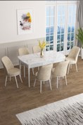 Resim Canisa Concept Han Serisi 70x114 Açılabilir Mdf Mutfak Masası Takımı Beyaz Mermer Desen Masa 6 Krem Sandalye 