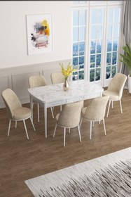 Resim Canisa Concept Han Serisi 70x114 Açılabilir Mdf Mutfak Masası Takımı Beyaz Mermer Desen Masa 6 Krem Sandalye 