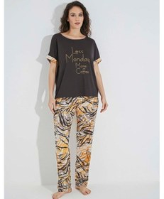 Resim Monamise Kadın Desenli Kısa Kollu "less Mondey More Coffee" Pijama Takımı 23105 Mor 