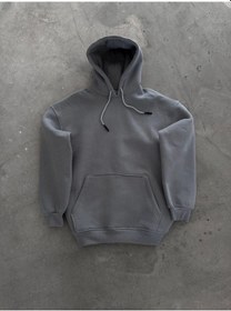 Resim Kapşonlu Üç İplik Penye Basic Sweatshirt - Boyalı Gri Karışık Çok Renkli 