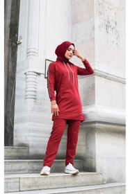 Resim CNG MODA Kadın Kapüşonlu Kol Şeritli Eşofman Takımı 