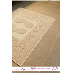 Resim %100 Pamuklu Ayak Havlusu 50x70cm , Lavabo & Duşakabin Önü Ayak İzli Havlu, Ayak Paspası Bej 
