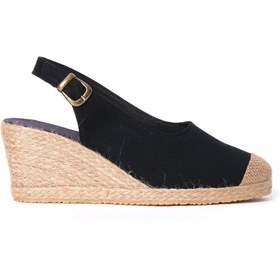 Resim Star Tombis Gerçek Elişi Siyah Arkadan Bantlı Topuğu Açık Burnu Hasırlı Keten Espadril Dolgu Topuk Handmade 