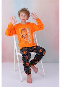 Resim Yeni Sezon Erkek Çocuk Gez Garson Basketball Uzun Kollu Pamuk İnterlok Pijama Takımı 5154-turuncu Turuncu 