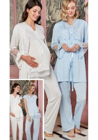 Resim Bone Club 4703 Mavi Hamile Lohusa 3 Lü Pijama Sabahlık Takımı 