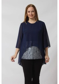 Resim Moda Berray 4048 Şifon -simli Dantel Kombinli Büyük Beden Bluz Lacivert Lacivert 