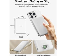 Resim Belkin BPD010HQWH Boostcharge 5.000 Mah Magsafe Uyumlu 15W Kablosuz Slim Powerbank - Beyaz 
