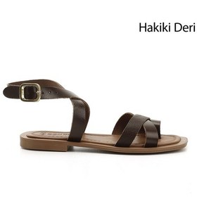 Resim Gönderi R Kahverengi Parmak Arası Bilek Bağlı Hakiki Deri Sandalet Kahverengi 