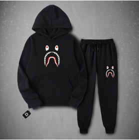 Resim deep & qaiser Bape Shark Baskılı Siyah Unisex Kışlık Eşofman Takımı 