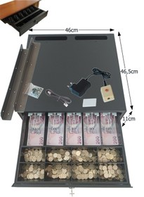 Resim SAYPOS Butonlu ve Askılı İç-Dış Ful Metal Ağır Yük Para Çekmecesi 5 Banknotlu Ekstra Büyük 46x46,5x11cm 