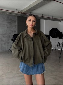 Resim buqre's moda Trend Oversize Kadın Bomber Süet Deri Ceket 