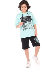 Resim Toontoy Kids Toontoy Erkek Çocuk Overall Composition Baskılı Şortlu Takım Su Yeşili 