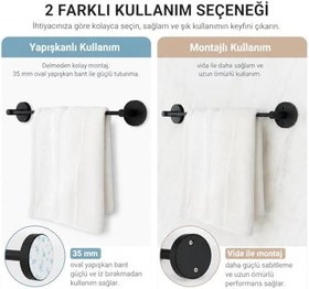 Resim Lotus Siyah Uzun Havluluk, Yapışkanlı ve Vidalı Montajlı Havlu Askısı, Mat Siyah Statik Boyama, 35 mm Oval Bantlı Banyo Havlu Tutucu 