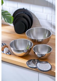 Resim Pratikşef 9 Parça Rendeli Karıştırma Ve Saklama Kabı Paslanmaz Çelik Blender Uyumlu 16-20-24 Cm Gümüş 