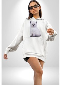 Resim Beyaz Yavru Kedi Kadın Erkek Beyaz Kapüşonlu Sweatshirt Hoodie Beyaz 